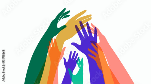 colorful hands of diverse people reaching up together in a unity silhouette illustration, concept for community support, social inclusion and professional business teamwork collaboration