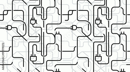 Abstract seamless pattern of tangled black and grey power cables and electrical plugs on a white background, concept for energy connection, technology infrastructure and smart home integration