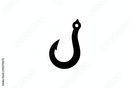 Fishing Hook Silhouette: A bold black silhouette of a classic fishing hook, isolated, ready for angling endeavors. 