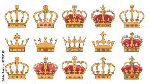 Set of gold crowns with colorful gems. collection of royal crown icons. king and queen crowns
