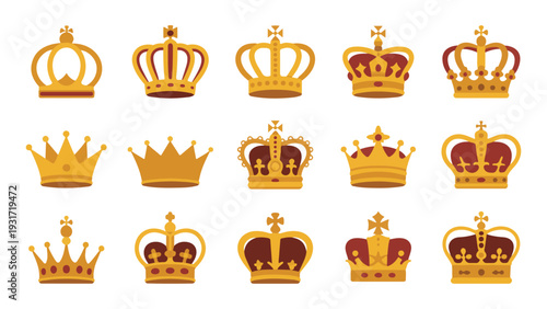 Set of gold crowns with red gems. collection of royal crown icons. king and queen crowns