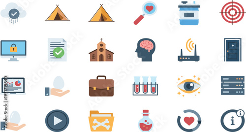 Modern Flat Business and Security Icon Set with Cloud Protection Analytics Church Brain Target Folder and Medical Research Symbols.