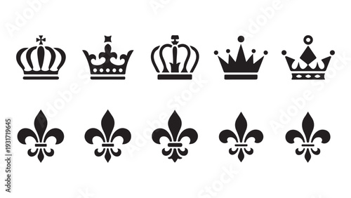Collection of black crowns and fleur de lis symbols on white background, royal emblems