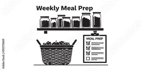 Minimal flat vector illustration of eco weekly meal prep scene with jars on shelf, basket, and checklist, simple solid black silhouette, clean design, monochrome, isolated on white background.