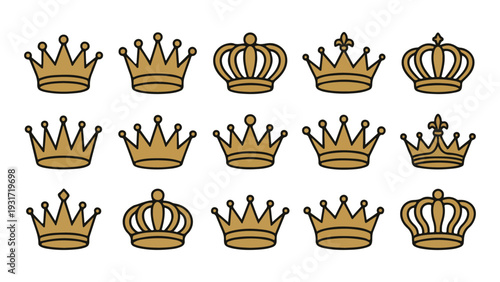 Set of gold crowns. collection of royal crown icons. king and queen crowns. line art style