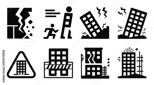 Earthquake Damage Building Icons Set Pictogram Featuring Collapsed Buildings