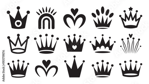 Black crown icons set isolated on white background royal monarch symbols collection for web design