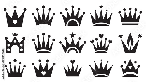 Minimalist crown silhouette collection for princess party and king branding black vector icon pack