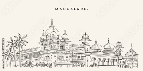 Mangalore city skyline illustration featuring a prominent mosque and palm trees