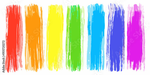 Vertical brushstrokes display a vibrant spectrum of rainbow colors