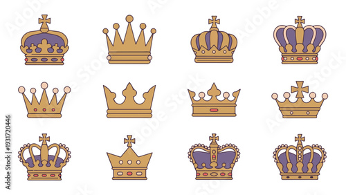 Vintage golden crowns with purple velvet and cross symbols set of colored royal headgear vector art