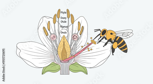 Bee pollinating flower with labeled parts