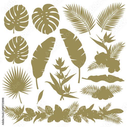 A versatile collection of hand-drawn tropical jungle plant and exotic leaf silhouettes, ideal for botanical design projects and vibrant summer themes
