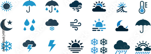 Weather forecast icons set with various symbols for different conditions and temperatures