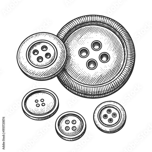Vintage engraved vector illustration of sewing buttons. Detailed black and white line art in retro style, ideal for tailoring, fashion branding, craft packaging, sewing labels, and textile design.