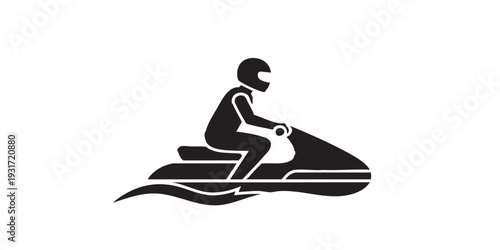 Minimal flat vector icon of a sea scooter rider, simple solid black silhouette, clean monochrome design, isolated on white background.
