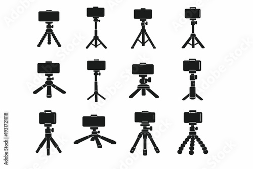 Solid adjustable icon generation tripod filming simple image support silhouette functional vector