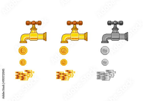 Three faucet illustrations bitcoin, gold, and silver. drip matching coins into a growing pile. A clear metaphor for passive income, digital currency, and wealth creation.
