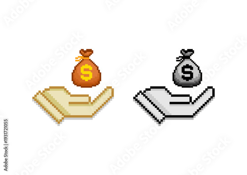 Two pixelated hands, one colored gold/brown and the other grayscale, each holding a money bag with a dollar sign, representing varying forms of finance or value transfer.