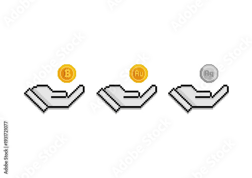 Three pixelated hands holding cryptocurrency (Bitcoin 'B'), gold ('AU'), and silver ('Ag') coins, symbolizing digital assets, precious metals, and investment.