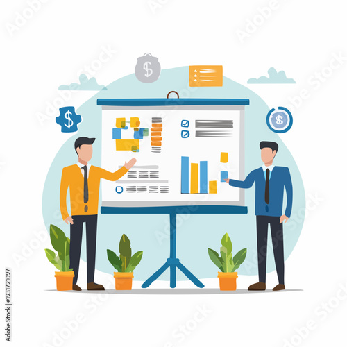 Two businessmen in yellow and blue suits presenting and discussing a colorful graph on a large easel board with plants and financial symbols around them in a flat, cartoonish style.