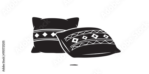 Minimal flat vector illustration of cozy cushions with simple patterns, solid black silhouette, clean monochrome design, isolated on white background.