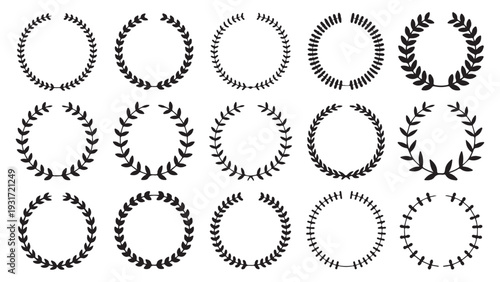 Black wreath illustrations, circular designs made of leaves and branches, emblems for awards and recognition