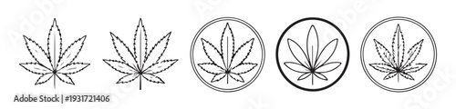 Cannabis leaf icons and outlines, marijuana symbol in circles and alone, representing cannabis culture