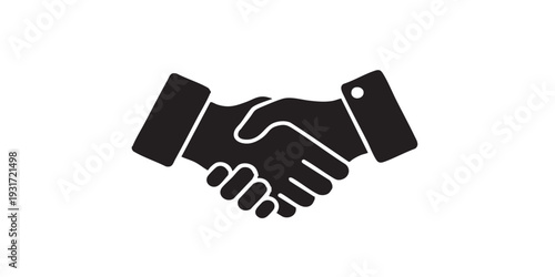 Minimal flat vector handshake icon, simple solid black silhouette, clean uniform proportions, monochrome design, isolated on white background.