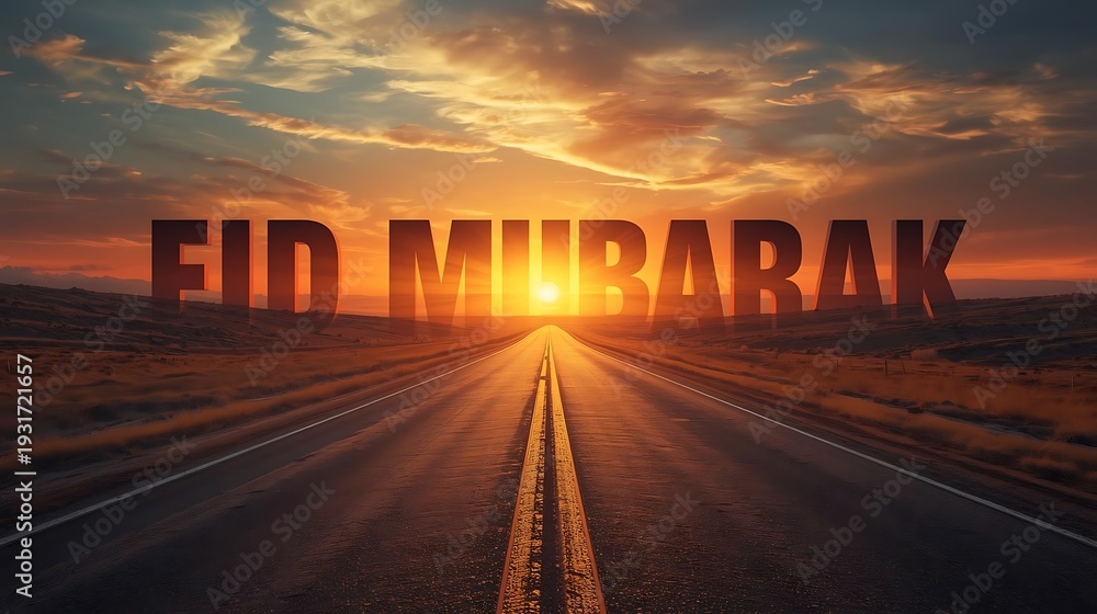 Obraz premium Epic road stretching towards a glowing sunset, overlaid with bold 'Eid Mubarak' text for a sense of spiritual journey and hope.