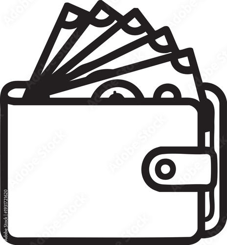 A simple black and white illustration of a wallet overflowing with banknotes from a straightforward front view