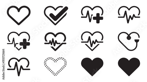 Medical heart line icons set including cardiogram stethoscope and health cross symbols for clinic