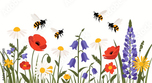 Colorful flowers and flying bees in garden