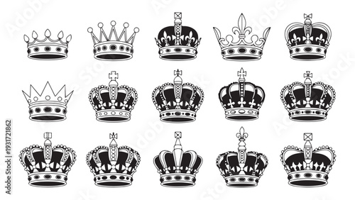 Ornate monarch crowns with cross and fleur de lis symbols for historical european royalty illustration