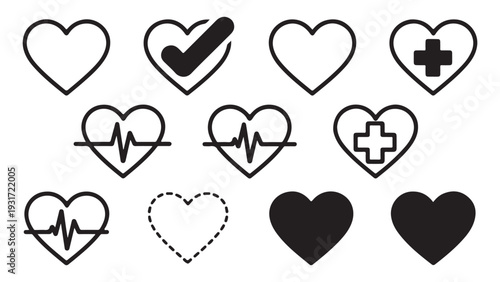 Heart health icons collection with medical cross pulse rhythm and checkmark symbols on white backdrop