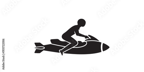 Minimal flat vector icon of a sea scooter rider, simple solid black silhouette, clean monochrome design, isolated on white background.