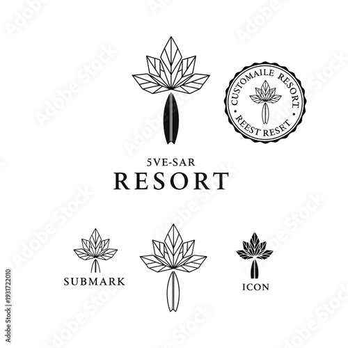 A collection of black and white logo variations for Sve-Sar Resort, featuring a stylized leaf and surfboard design, including a main logo, submark, icon, and circular badge.