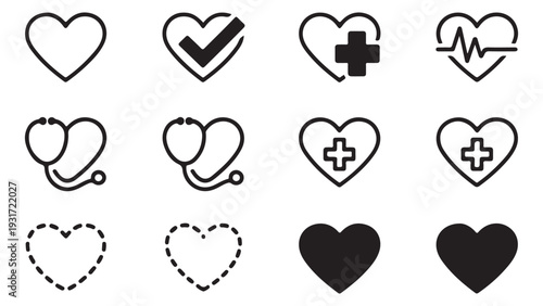 Stethoscope heart icons and medical cross symbols for health check up and professional nursing apps