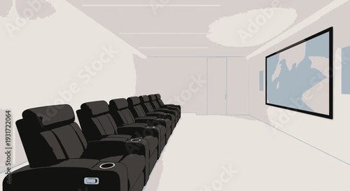 Modern home theater with sleek black leather recliner seats vector on isolated  white background.