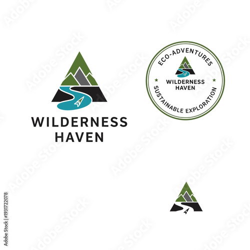 Wilderness Haven eco-adventure logo designs with mountain and river elements.