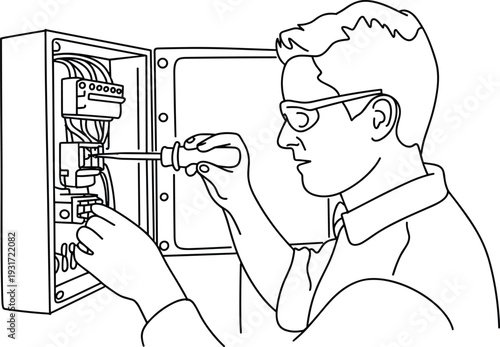 Black and White Line Drawing of Electrician Repairing Circuit Breaker Panel with Screwdriver and Protective Safety Glasses