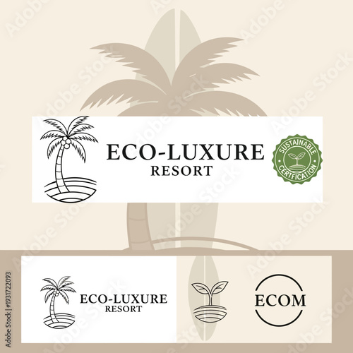Eco-Luxure Resort logo design with palm tree and eco-friendly elements.