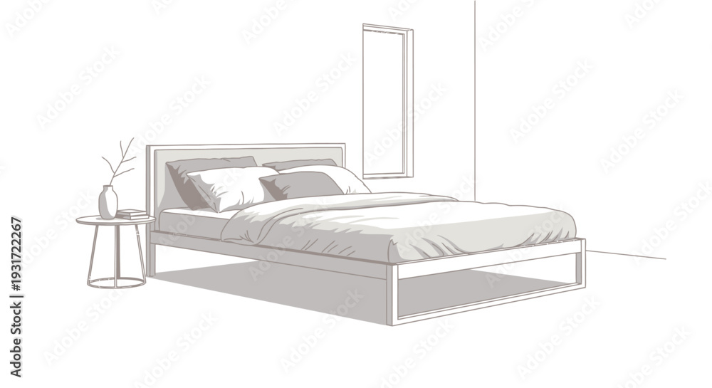 Fototapeta premium Modern bedroom with stylish bed and minimalist decor vector on isolated white background.