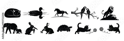 Collection of black silhouette animal and human figures in various poses