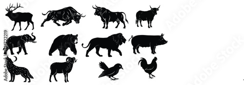Collection of black silhouettes of various wild and domesticated animals