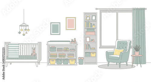 Cozy nursery with crib and modern furniture for baby's peaceful sleep vector on isolated  white background.