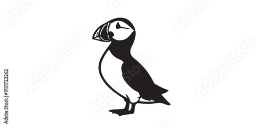 Minimal flat vector icon of a puffin bird, simple solid black silhouette, clean monochrome design, isolated on white background.