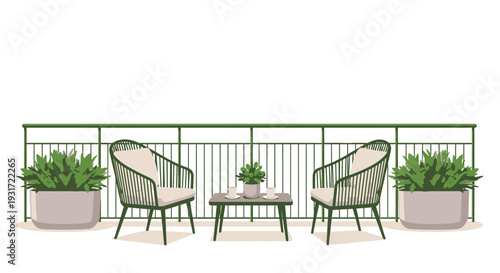 Cozy balcony setting with modern outdoor furniture and plants vector on isolated  white background.