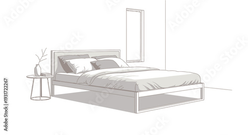 Modern bedroom with stylish bed and minimalist decor vector on isolated  white background.
