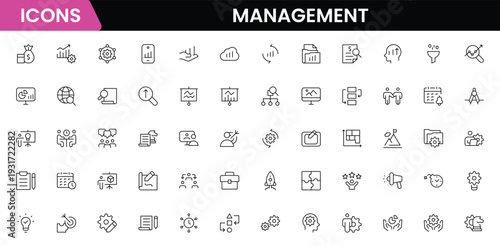 Management icon set. Contains such icons as schedule, human resource, management, development, planning, strategy, and more. Time management and planning concept